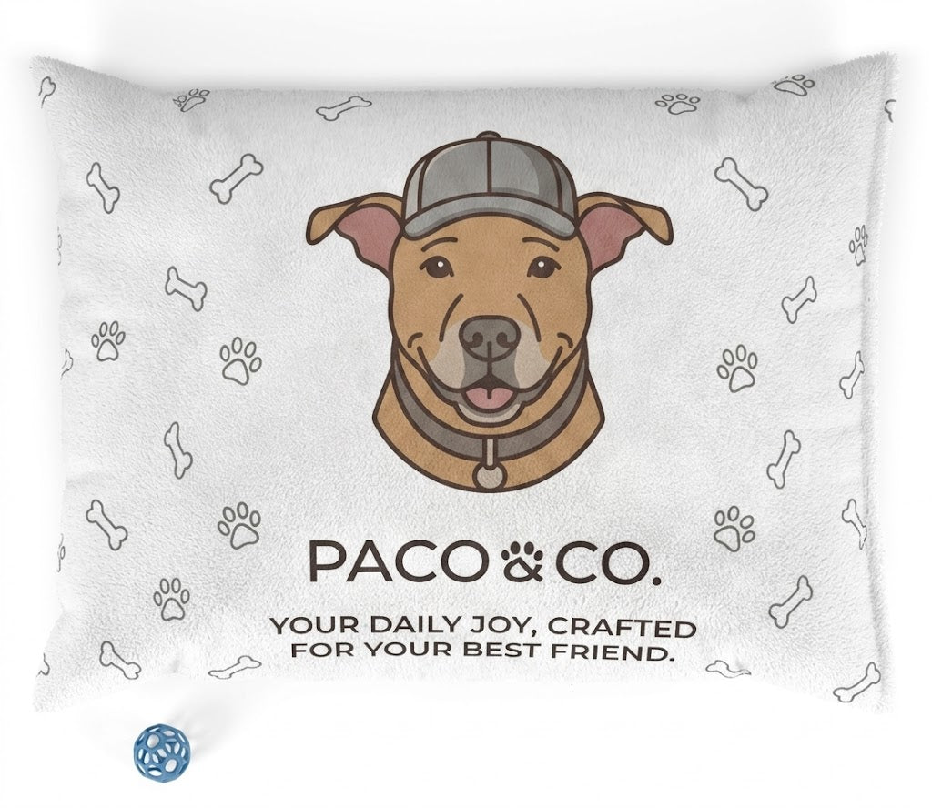 Dog Bed — Paco & Co. Plush Pet Bed with Cute Logo and Bone Pattern
